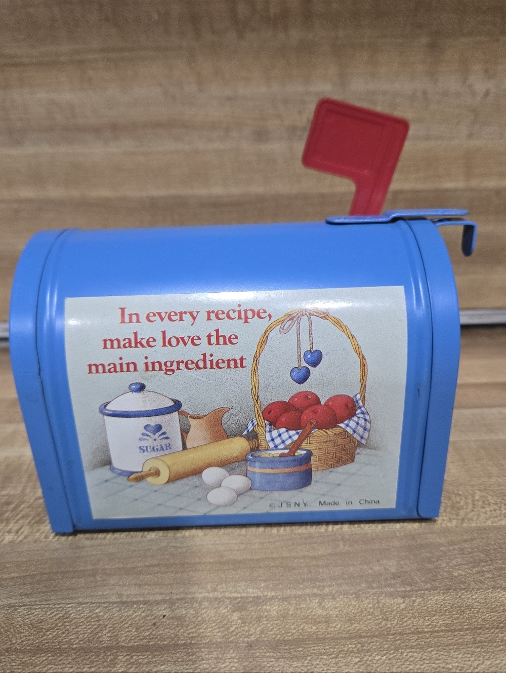Vintage Recipe Box Tin Mailbox made by JSNY (1980-1990).